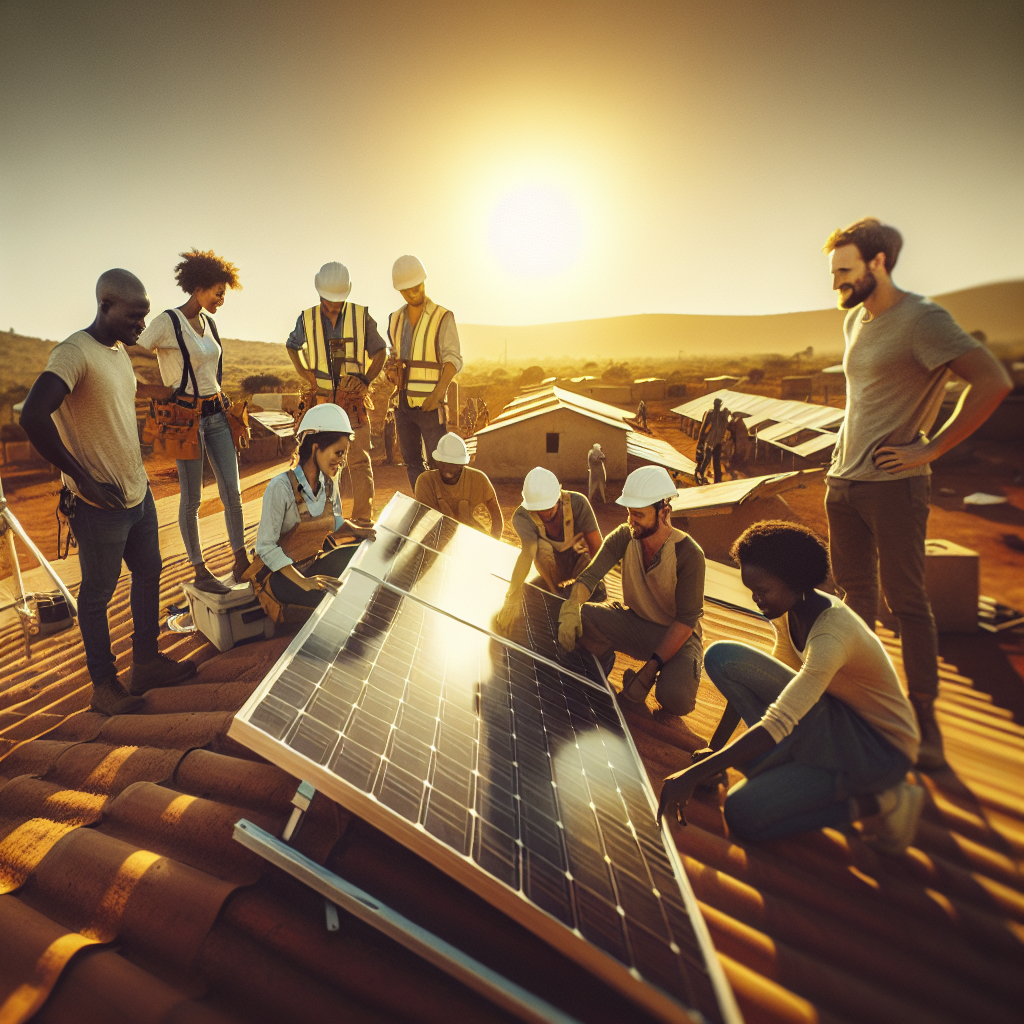 A cinematic, warm-toned editorial photograph of a diverse group of African community members and engineers collaboratively installing solar panels on a rooftop under clear skies, symbolizing sustainable energy empowerment and partnership.