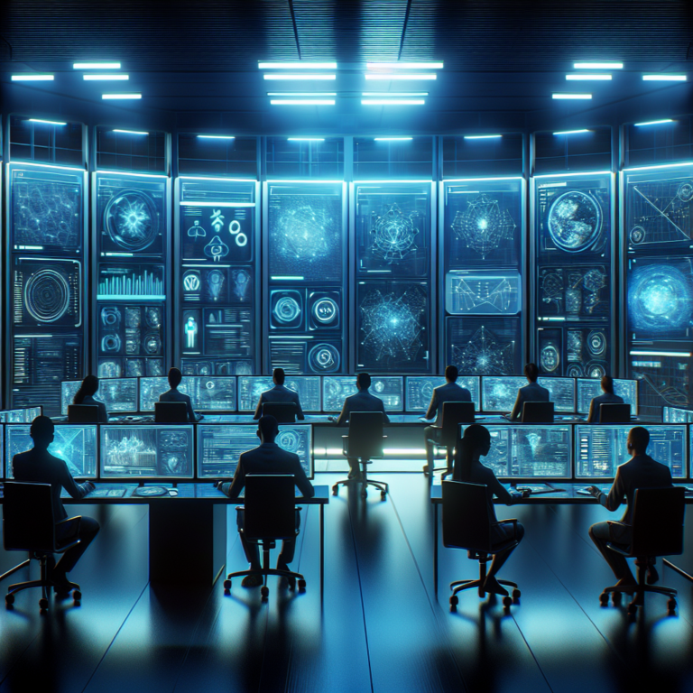 A sleek, modern control room bathed in cool blue lighting with multiple high-resolution surveillance screens displaying dynamic AI-powered video analytics and data overlays, featuring focused security professionals monitoring real-time activity in a futuristic tech environment.