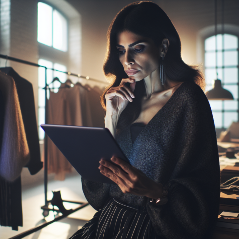 A cinematic editorial shot of a fashion designer in a modern studio thoughtfully examining clothing samples and digital data on a sleek tablet, surrounded by racks of stylish garments and ambient natural light, conveying the tension between creative innovation, sustainability, and strategic production decisions.