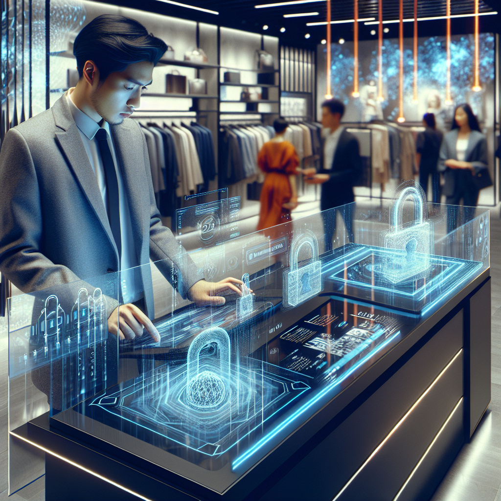 A cinematic, editorial-style image of a modern retail store with a sleek digital checkout counter, subtly illuminated by cool blue and orange lighting to evoke cybersecurity themes, featuring a focused professional analyzing data on multiple transparent virtual screens displaying abstract code and digital locks, with blurred shoppers in the background to convey a high-tech, secure retail environment.