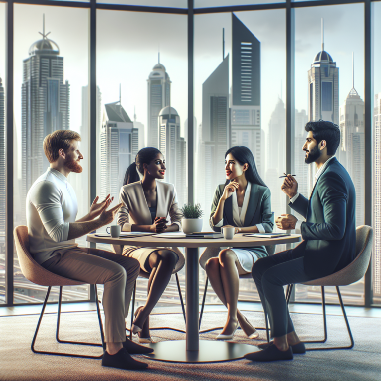 A cinematic editorial image of a diverse group of entrepreneurs engaged in a dynamic roundtable discussion in a modern Dubai office with panoramic cityscape views, showcasing collaboration, innovation, and startup growth in the UAE.