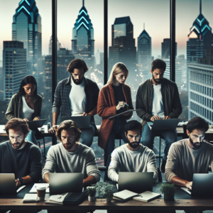 A cinematic editorial photo of diverse Philadelphia startup founders collaborating in a modern coworking space, showing focused expressions, laptops and notebooks open, with the city skyline softly blurred through large windows in the background, capturing determination, community, and the entrepreneurial spirit amid urban innovation.