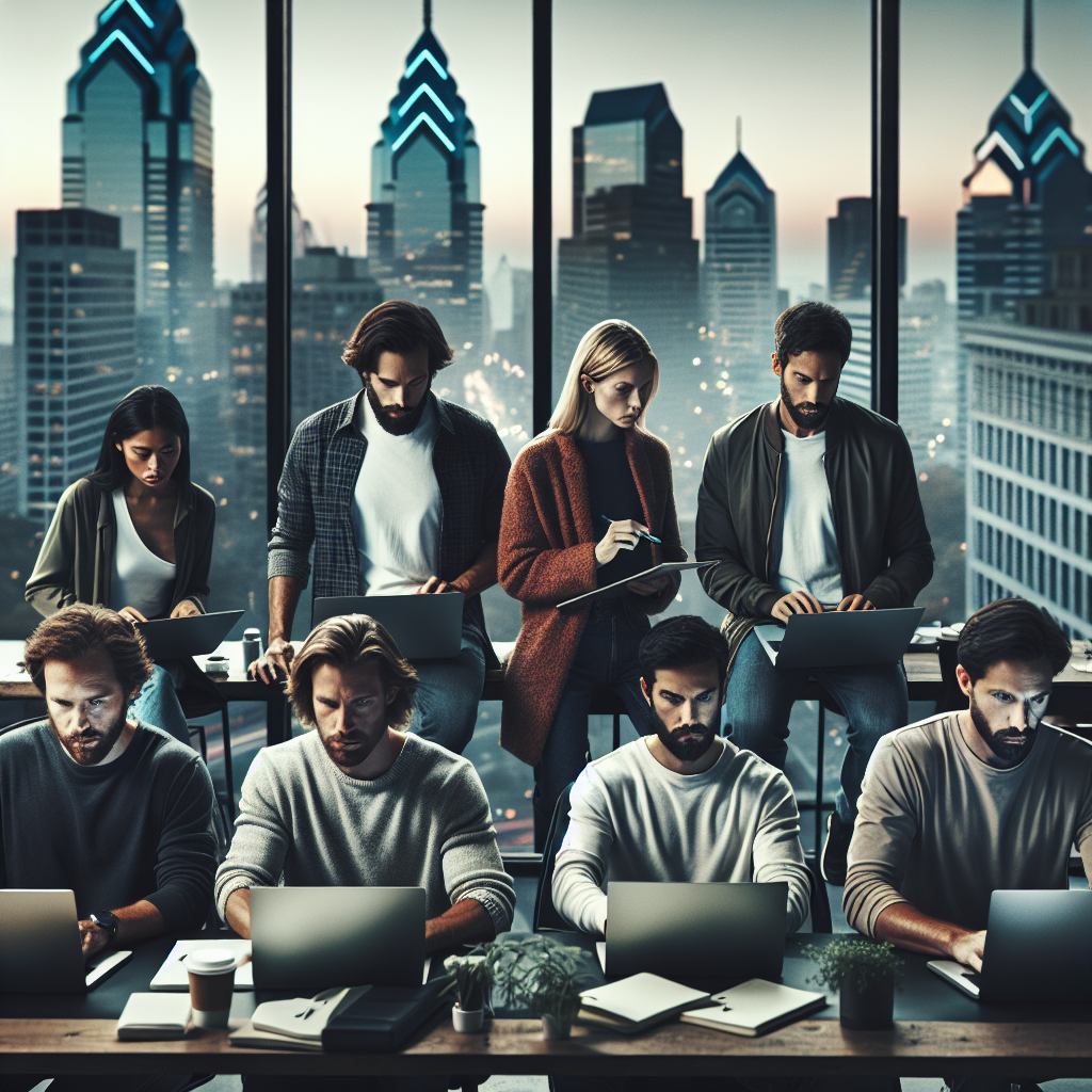 A cinematic editorial photo of diverse Philadelphia startup founders collaborating in a modern coworking space, showing focused expressions, laptops and notebooks open, with the city skyline softly blurred through large windows in the background, capturing determination, community, and the entrepreneurial spirit amid urban innovation.