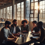 A cinematic editorial photograph of a diverse group of focused startup founders collaborating around a table in a modern Philadelphia co-working space, with warm natural light streaming through large industrial windows and subtle cityscape views in the background, conveying determination and community in an emerging tech ecosystem.