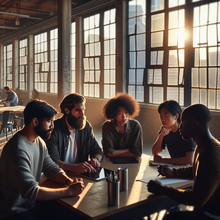 A cinematic editorial photograph of a diverse group of focused startup founders collaborating around a table in a modern Philadelphia co-working space, with warm natural light streaming through large industrial windows and subtle cityscape views in the background, conveying determination and community in an emerging tech ecosystem.