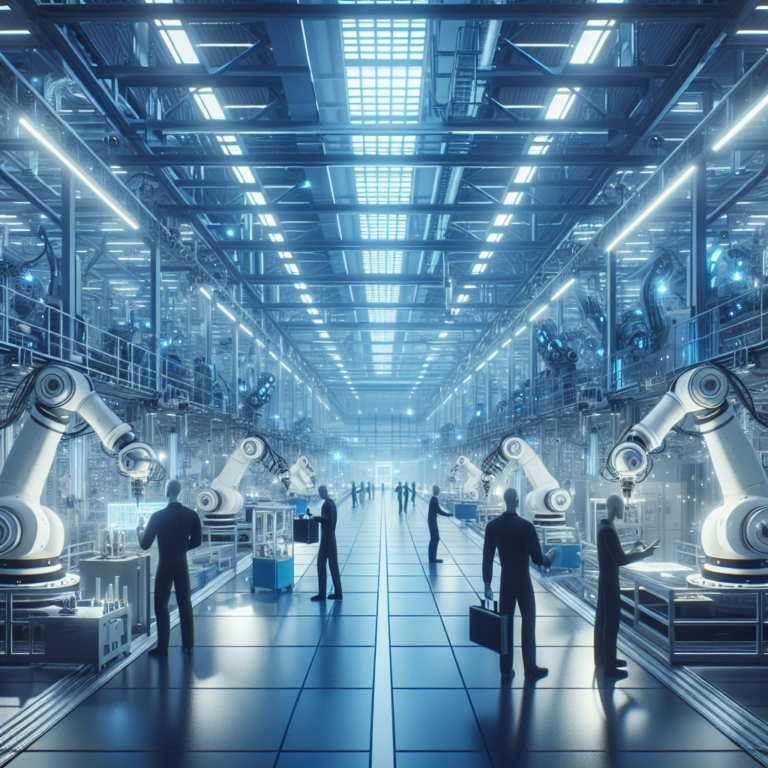 Cinematic wide-angle shot of a modern industrial factory floor featuring sleek robotic arms and advanced machinery in synchronized motion, bathed in cool blue and gray tones with dynamic lighting highlighting the fusion of human engineers collaborating seamlessly alongside intelligent automation systems.