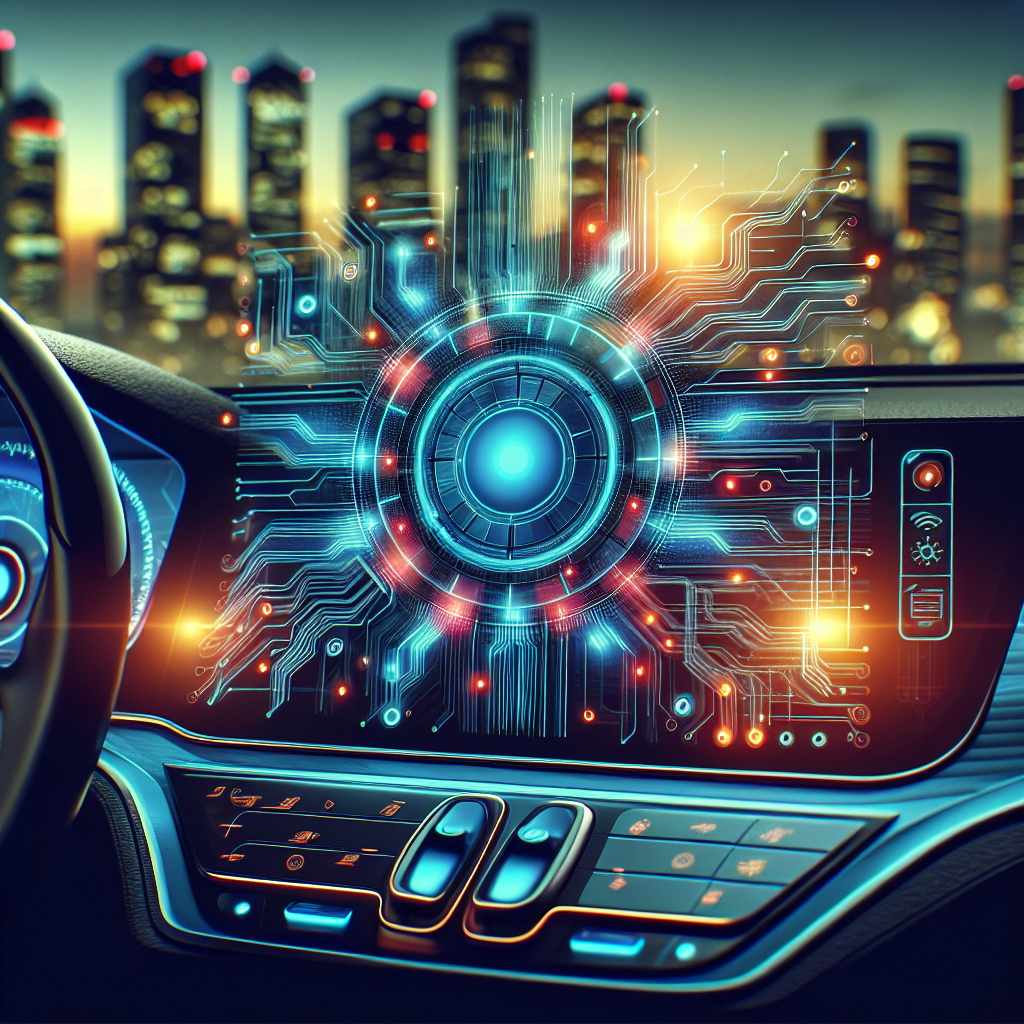 A sleek futuristic car dashboard illuminated by dynamic blue and amber lighting, showcasing integrated digital interfaces and glowing circuit-like patterns symbolizing the seamless fusion of advanced automotive chips, operating system, and AI-driven smart driving technology, set against a blurred cityscape at dusk for a cinematic, high-tech editorial atmosphere.
