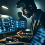 A close-up of a focused professional working late at a dimly lit desk surrounded by multiple digital screens displaying code and data streams, with subtle shadows evoking a tense atmosphere of cybersecurity and the hidden risks behind AI-driven content strategies.