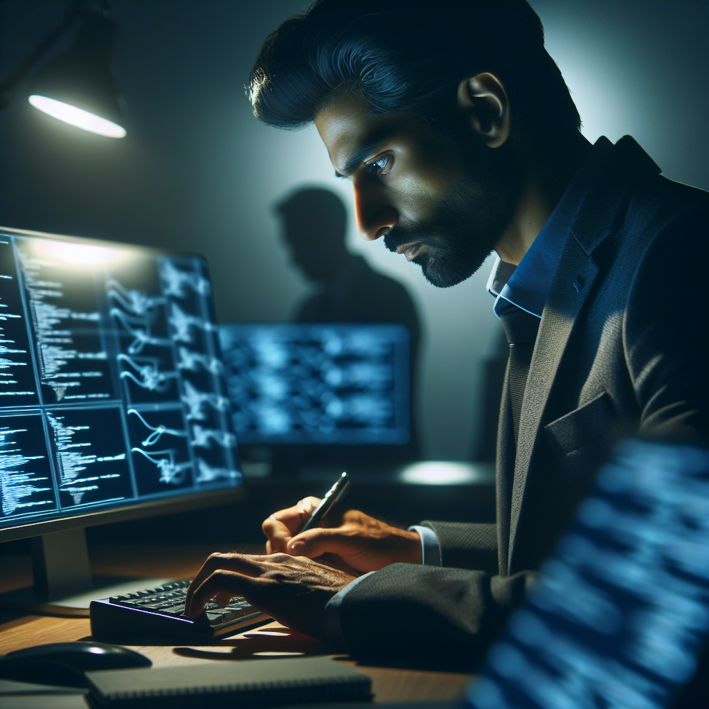 A close-up of a focused professional working late at a dimly lit desk surrounded by multiple digital screens displaying code and data streams, with subtle shadows evoking a tense atmosphere of cybersecurity and the hidden risks behind AI-driven content strategies.