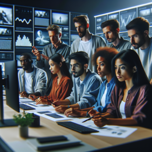 A cinematic editorial photo of a focused, diverse team of content creators and editors collaborating thoughtfully around a modern workspace, surrounded by screens displaying graphs and articles, conveying a deliberate and quality-driven media production environment.