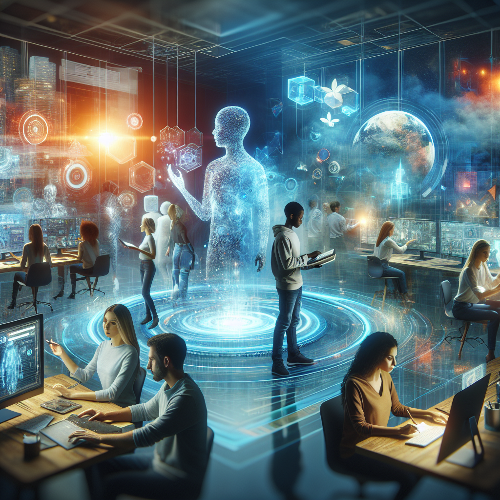 A futuristic digital workspace featuring a diverse group of content creators collaborating around holographic screens and AI-generated media elements, bathed in cinematic blue and warm tones, symbolizing innovation and the fusion of technology with creative storytelling.