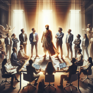 A cinematic editorial scene showing a diverse group of confident young Indian entrepreneurs and angel investors engaged in a dynamic discussion around a modern workspace table filled with laptops and sketches, bathed in warm natural light symbolizing innovation and collaboration in India’s vibrant startup ecosystem.