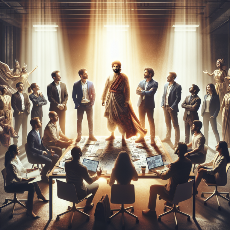 A cinematic editorial scene showing a diverse group of confident young Indian entrepreneurs and angel investors engaged in a dynamic discussion around a modern workspace table filled with laptops and sketches, bathed in warm natural light symbolizing innovation and collaboration in India’s vibrant startup ecosystem.