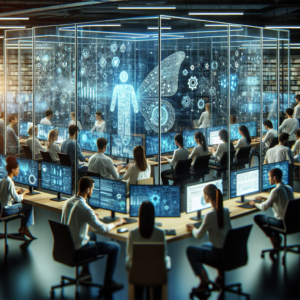 A sleek, futuristic office environment with diverse engineers collaborating intensely over multiple transparent digital screens displaying flowing data streams and AI network diagrams, bathed in cool blue and green cinematic lighting conveying advanced AI innovation and seamless API integration.