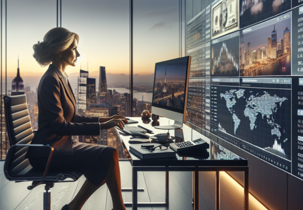 A sophisticated luxury travel consultant reviewing global currency exchange rates on multiple sleek digital screens in a modern office overlooking an international city skyline at dusk, with subtle hints of exotic travel destinations visible through large windows.