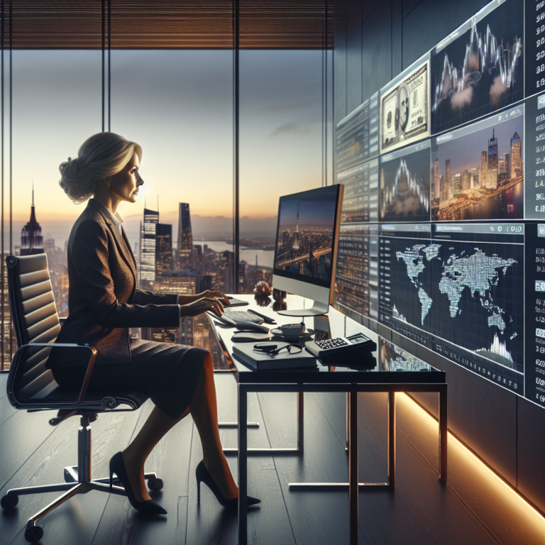 A sophisticated luxury travel consultant reviewing global currency exchange rates on multiple sleek digital screens in a modern office overlooking an international city skyline at dusk, with subtle hints of exotic travel destinations visible through large windows.