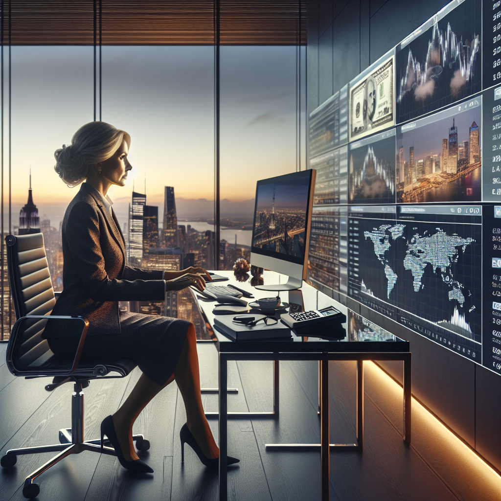 A sophisticated luxury travel consultant reviewing global currency exchange rates on multiple sleek digital screens in a modern office overlooking an international city skyline at dusk, with subtle hints of exotic travel destinations visible through large windows.