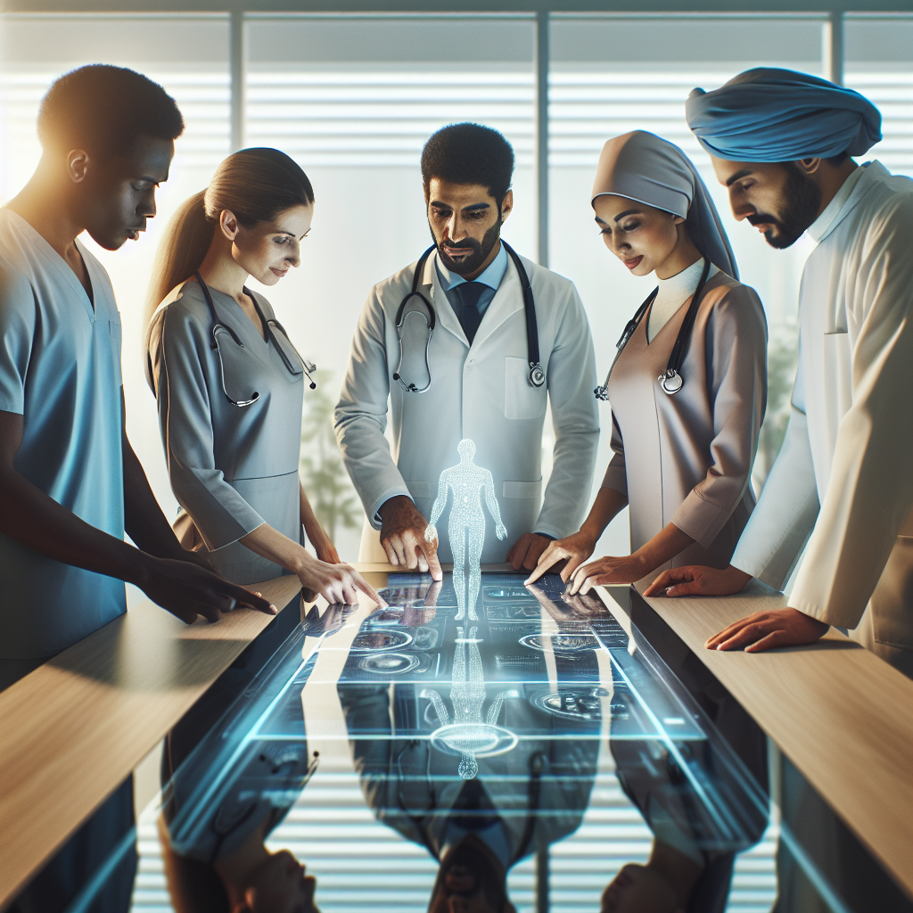 A cinematic, editorial-style image of diverse healthcare professionals collaboratively working around a sleek digital touchscreen table displaying futuristic AI-driven healthcare workflow visualizations in a modern clinic setting with soft natural lighting and a focused, optimistic atmosphere.