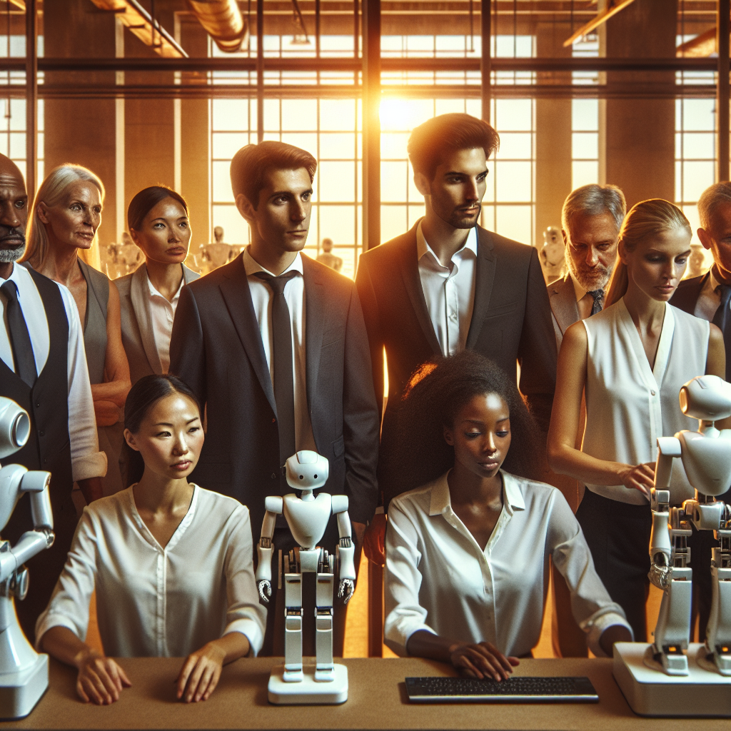 A cinematic, editorial-style image of a diverse group of professional employees and advanced robots collaborating in a modern office, with warm natural lighting highlighting human-machine interaction and a sense of cautious trust and partnership.