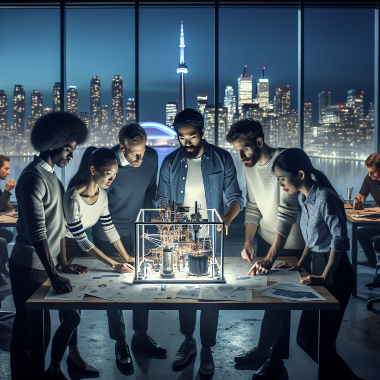 A cinematic, editorial-style image of a diverse group of Canadian entrepreneurs collaborating around a high-tech sustainable energy prototype in a modern startup workspace, with a subtle backdrop of Toronto’s city skyline at dawn symbolizing innovation and growth.