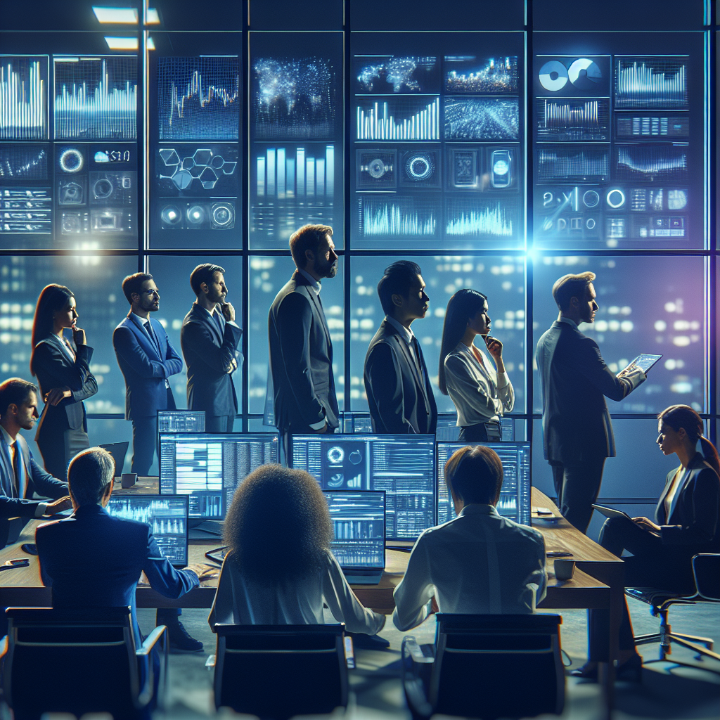 A cinematic editorial photo of a sleek modern office with diverse professionals analyzing digital music data and financial charts on multiple large transparent screens, illuminated by cool blue and purple ambient lighting, evoking advanced technology and strategic business insight in the music streaming industry.