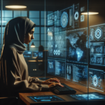 A dimly lit modern office with a focused cybersecurity professional analyzing multiple dynamic digital dashboards and data visualizations on large transparent screens, conveying a tense atmosphere of advanced threat detection in a high-tech environment.