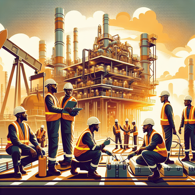 A cinematic editorial image showing Nigerian oil and gas workers in protective gear collaborating on-site at a modern oil facility, with a backdrop of industrial equipment and a warm, golden sunset highlighting themes of local industry, workforce empowerment, and sustainable economic growth.