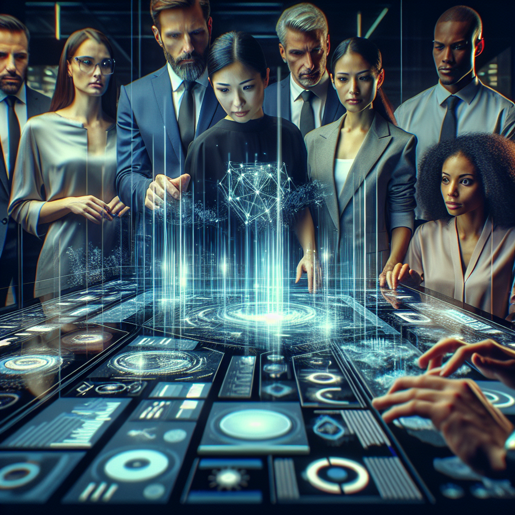 A cinematic editorial image of a diverse group of professionals collaborating around a sleek, futuristic digital interface displaying dynamic, glowing AI-driven data visualizations and analytics charts in a modern workspace, evoking innovation, accessibility, and cutting-edge enterprise technology.