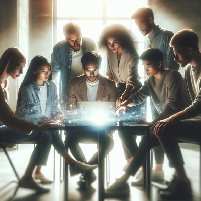 A cinematic editorial photo of a diverse group of young professionals collaborating around a sleek laptop in a modern workspace, illuminated by soft natural light with digital social media icons subtly glowing in the blurred background, capturing the energy and opportunity of mastering social media marketing skills.