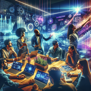 A dynamic, cinematic editorial photo of a diverse startup team collaborating intensely around a modern workspace filled with digital devices displaying data charts and marketing visuals, conveying innovation, strategic planning, and scalable growth for the future of entrepreneurship in 2026.