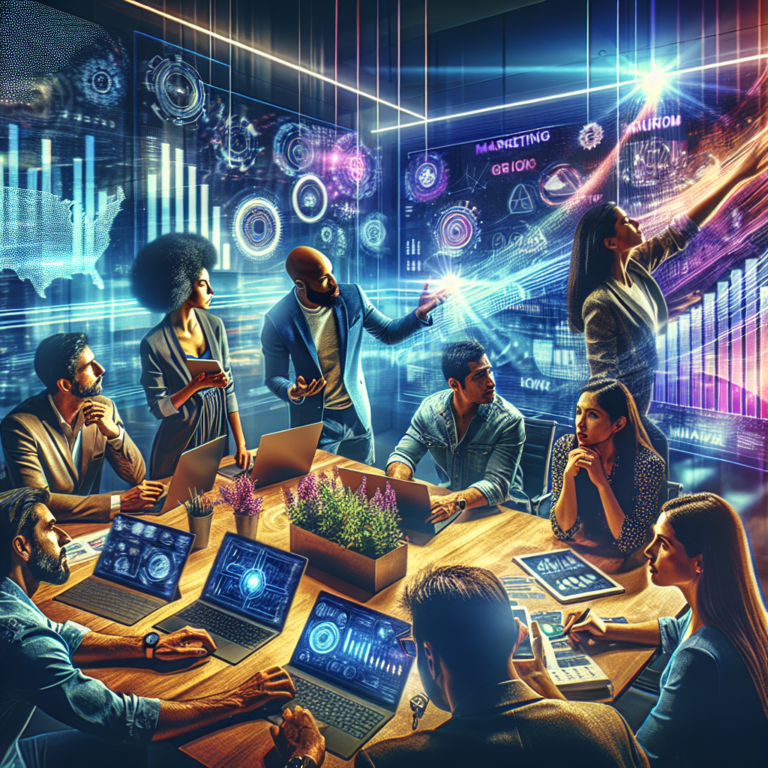 A dynamic, cinematic editorial photo of a diverse startup team collaborating intensely around a modern workspace filled with digital devices displaying data charts and marketing visuals, conveying innovation, strategic planning, and scalable growth for the future of entrepreneurship in 2026.