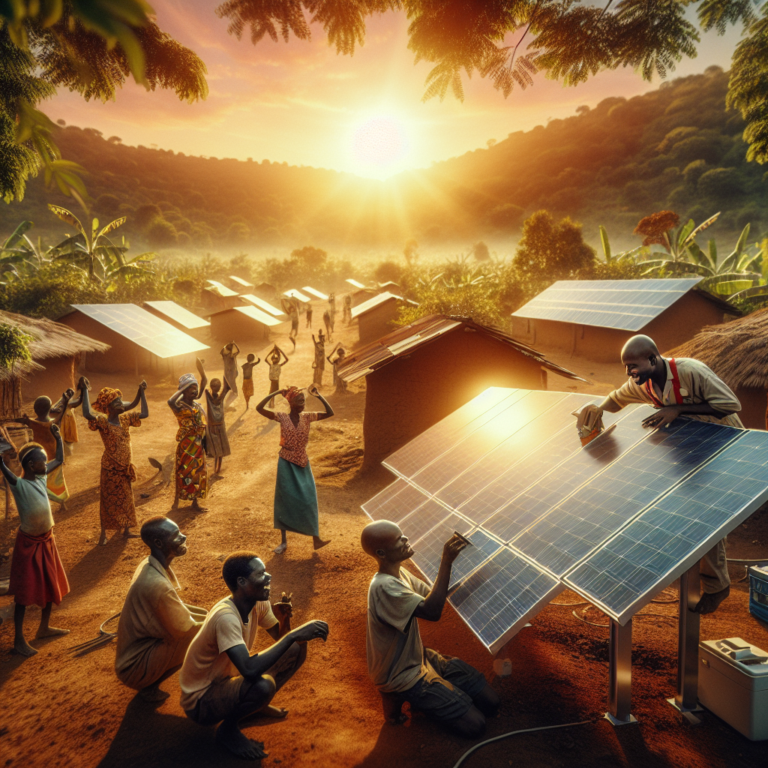A cinematic, editorial-style image of African solar technicians installing sleek, modern solar panels in a vibrant village setting at sunset, with warm natural light illuminating smiling community members and green landscapes, symbolizing sustainable energy progress and local empowerment.