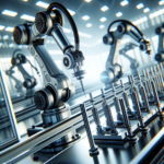 A cinematic close-up of robotic arms equipped with sleek, high-precision pneumatic air cylinder gripper tools carefully manipulating industrial components on a modern, brightly lit factory assembly line, highlighting advanced automation and smart manufacturing technology.