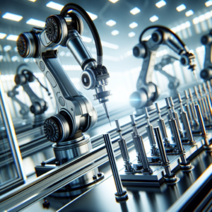 A cinematic close-up of robotic arms equipped with sleek, high-precision pneumatic air cylinder gripper tools carefully manipulating industrial components on a modern, brightly lit factory assembly line, highlighting advanced automation and smart manufacturing technology.