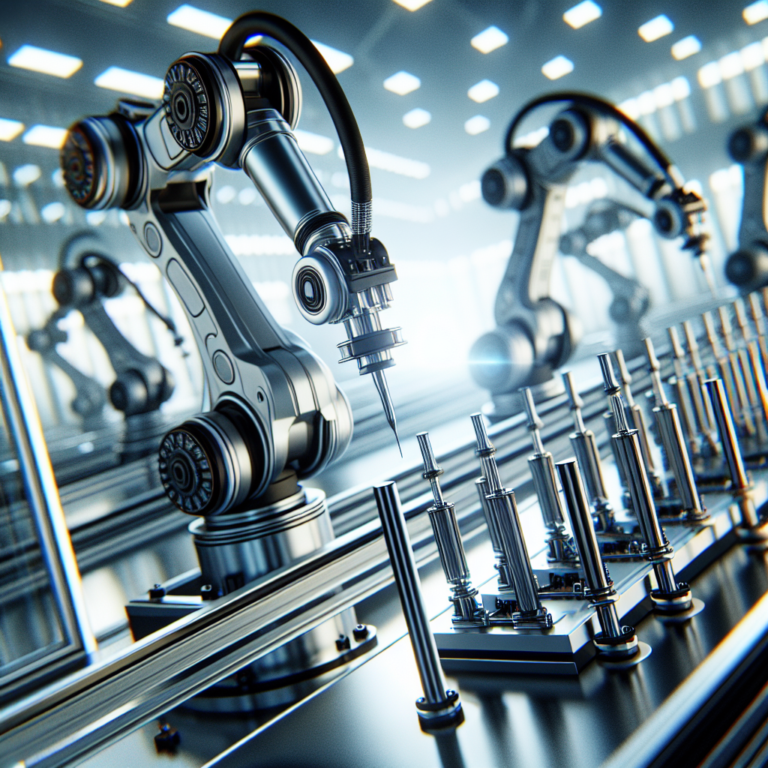 A cinematic close-up of robotic arms equipped with sleek, high-precision pneumatic air cylinder gripper tools carefully manipulating industrial components on a modern, brightly lit factory assembly line, highlighting advanced automation and smart manufacturing technology.