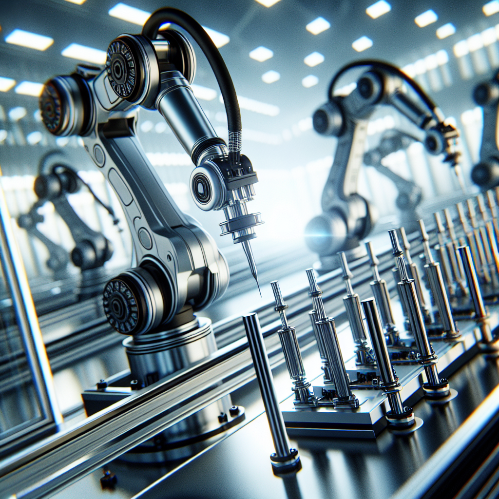 A cinematic close-up of robotic arms equipped with sleek, high-precision pneumatic air cylinder gripper tools carefully manipulating industrial components on a modern, brightly lit factory assembly line, highlighting advanced automation and smart manufacturing technology.