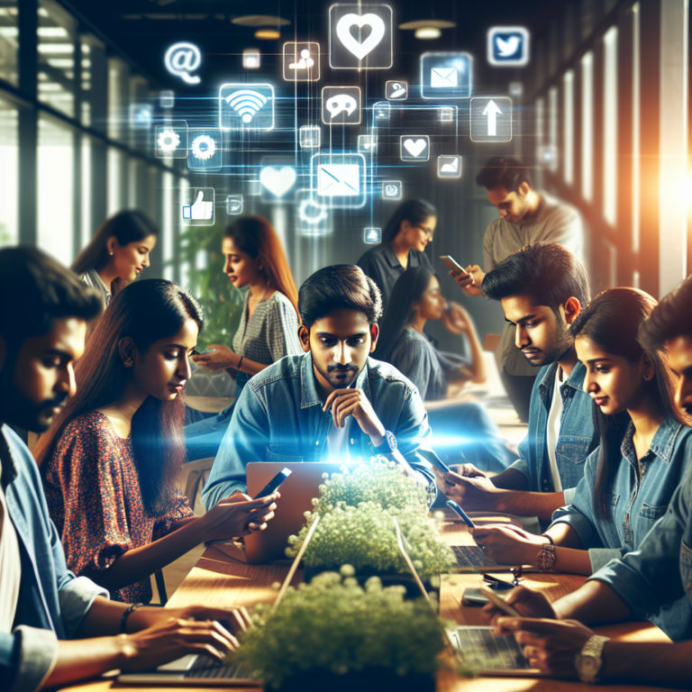 A dynamic, cinematic editorial photo of a diverse team of young Indian digital marketers collaborating intently around laptops and smartphones in a modern office, surrounded by vibrant social media icons subtly glowing on digital screens, capturing the energy and innovation of leading social media marketing in India.