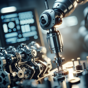 A dramatic, cinematic close-up of a high-tech robotic arm assembling intricate machinery inside a modern industrial factory, with dynamic lighting highlighting metallic surfaces and advanced digital control panels subtly glowing in the background, conveying innovation and strength in industrial automation.