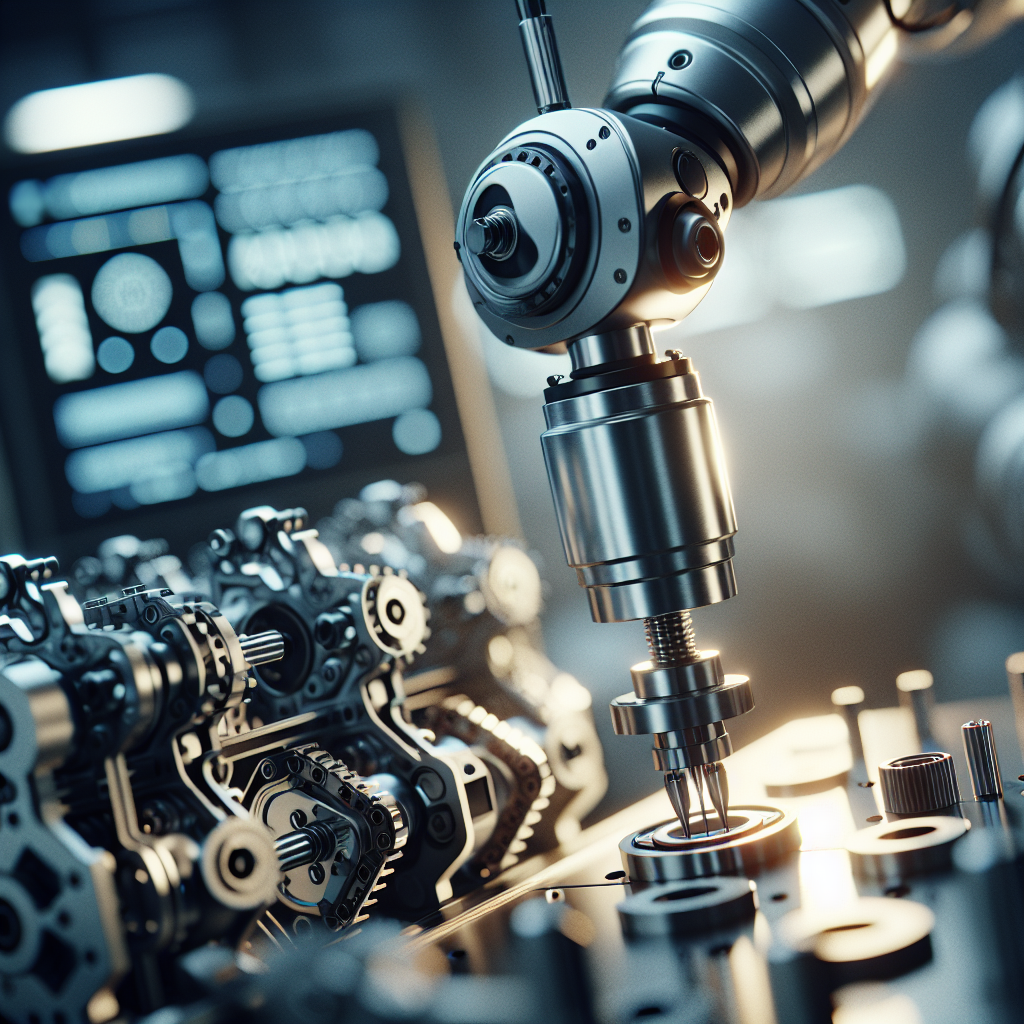 A dramatic, cinematic close-up of a high-tech robotic arm assembling intricate machinery inside a modern industrial factory, with dynamic lighting highlighting metallic surfaces and advanced digital control panels subtly glowing in the background, conveying innovation and strength in industrial automation.
