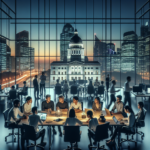A cinematic cityscape at dusk showing a diverse group of entrepreneurs collaborating energetically around laptops and digital devices in a modern coworking space, with a subtle government building visible through large windows in the background symbolizing trust and support in public policies fostering startup growth.