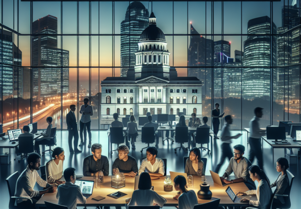 A cinematic cityscape at dusk showing a diverse group of entrepreneurs collaborating energetically around laptops and digital devices in a modern coworking space, with a subtle government building visible through large windows in the background symbolizing trust and support in public policies fostering startup growth.