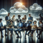 A cinematic, editorial-style image of a diverse group of focused Nigerian startup founders collaborating around laptops in a modern coworking space, with subtle digital cloud-inspired lighting effects overlaying the scene, symbolizing subsidized sovereign cloud technology empowering local innovation and accelerated growth.