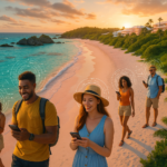 A cinematic, vibrant aerial view of Bermuda’s iconic pink-sand beaches and turquoise waters with subtle digital overlays suggesting AI technology, featuring a diverse group of modern travelers using smartphones and wearable devices, framed by lush greenery and elegant seaside resorts under a warm, golden-hour light to convey innovation transforming the island’s personalized and sustainable tourism experience.