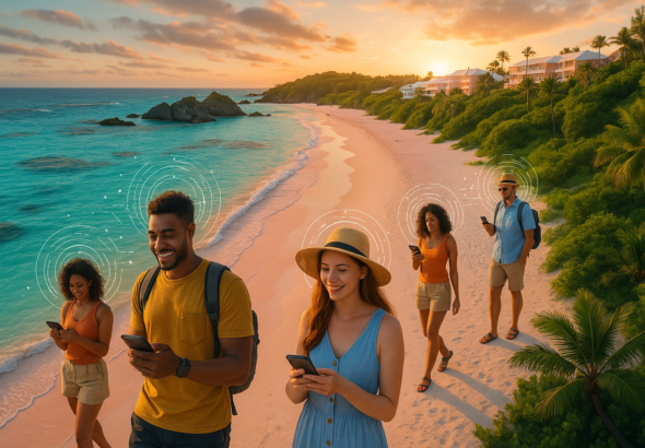 A cinematic, vibrant aerial view of Bermuda’s iconic pink-sand beaches and turquoise waters with subtle digital overlays suggesting AI technology, featuring a diverse group of modern travelers using smartphones and wearable devices, framed by lush greenery and elegant seaside resorts under a warm, golden-hour light to convey innovation transforming the island’s personalized and sustainable tourism experience.