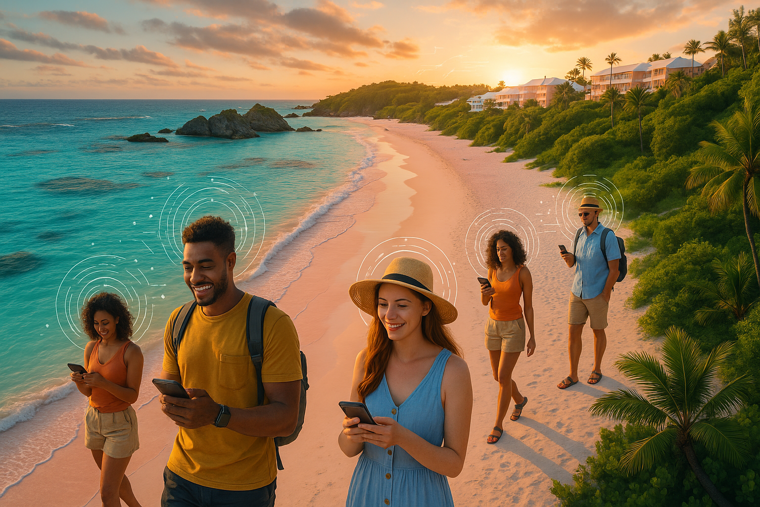 A cinematic, vibrant aerial view of Bermuda’s iconic pink-sand beaches and turquoise waters with subtle digital overlays suggesting AI technology, featuring a diverse group of modern travelers using smartphones and wearable devices, framed by lush greenery and elegant seaside resorts under a warm, golden-hour light to convey innovation transforming the island’s personalized and sustainable tourism experience.