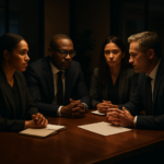 A professional, elegant office meeting scene with diverse businesspeople engaged in a serious, confidential discussion around a polished wooden table, warm cinematic lighting emphasizing trust and collaboration in a sophisticated, modern environment.