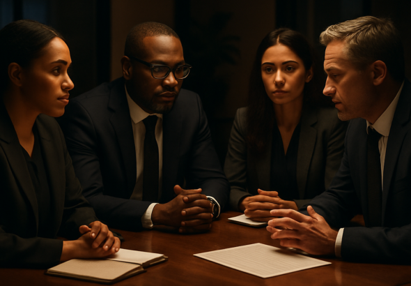 A professional, elegant office meeting scene with diverse businesspeople engaged in a serious, confidential discussion around a polished wooden table, warm cinematic lighting emphasizing trust and collaboration in a sophisticated, modern environment.