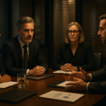 A polished, professional business setting with a diverse group of confident executives engaged in a focused strategy meeting around a sleek conference table, bathed in warm, cinematic lighting that highlights a mood of trust, discretion, and thoughtful collaboration.