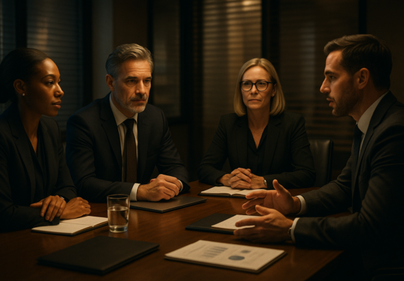 A polished, professional business setting with a diverse group of confident executives engaged in a focused strategy meeting around a sleek conference table, bathed in warm, cinematic lighting that highlights a mood of trust, discretion, and thoughtful collaboration.