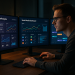 A sleek, modern workspace with a focused digital marketer analyzing multi-screen social media dashboards displaying vibrant analytics and scheduling tools, bathed in soft, cinematic lighting that highlights advanced technology and productivity in a stylish office environment.